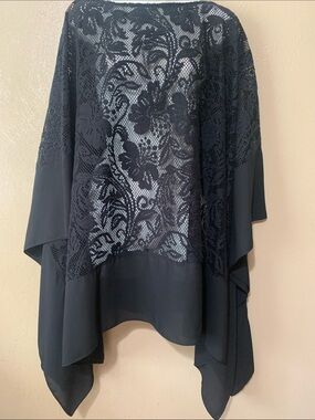 17. Yoana Baraschi O/S Lace Overlay Poncho Top - Black Floral Lace